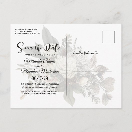 Romantisches Blumen-Gold-Kranz-Foto Save the Date Ankündigungspostkarte (Rückseite)