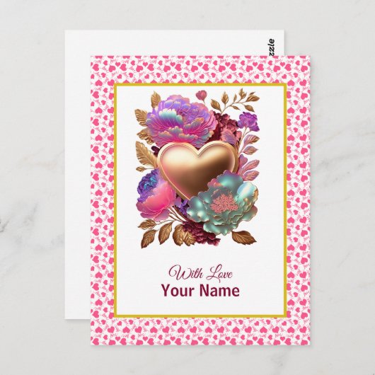 Romantisches Blumen- und Goldherz Postkarte (Vorne/Hinten)