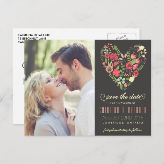 Romantisches Blumenherz Foto Save the Date Postkar Ankündigungspostkarte (Vorne/Hinten)