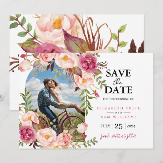 Romantisches Blumenrahmen-Foto Save the Date (Vorne/Hinten)