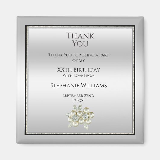 Romantisches Blumenspiel, Silver & Black Birthday  Magnet (Vorne)