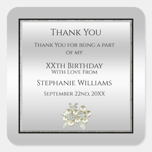 Romantisches Blumenspiel, Silver & Black Birthday Quadratischer Aufkleber (Vorderseite)