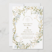 Romantisches Blumenzeitsdesign mit Monogramm-Wappe Einladung (Vorderseite)