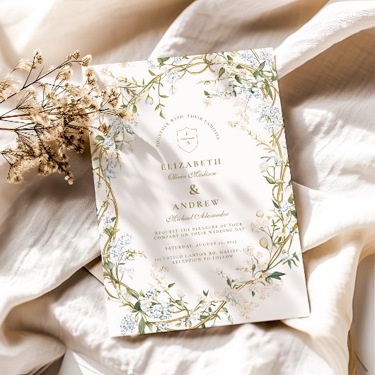 Romantisches Blumenzeitsdesign mit Monogramm-Wappe Einladung