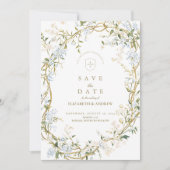 Romantisches Blumenzeitsdesign mit Monogramm-Wappe Save The Date (Vorderseite)