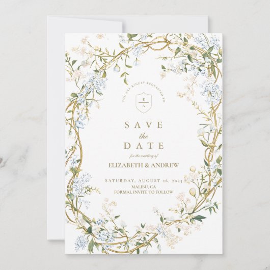 Romantisches Blumenzeitsdesign mit Monogramm-Wappe Save The Date (Vorderseite)