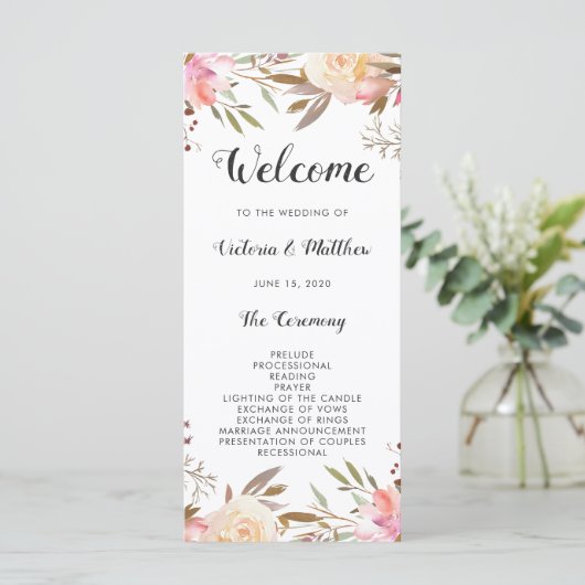 Romantisches Blush Blom Floral Hochzeitsprogramm Programm (Stehend Vorderseite)