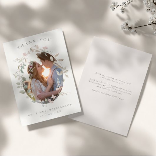 Romantisches Blush Blumenkraut Foto Hochzeit Dankeskarte