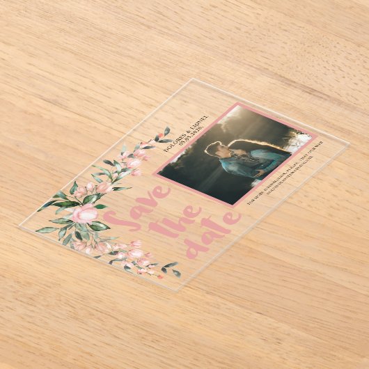 Romantisches Blush PInk Floral Foto Save the Date Acryleinladungen (Ablage )