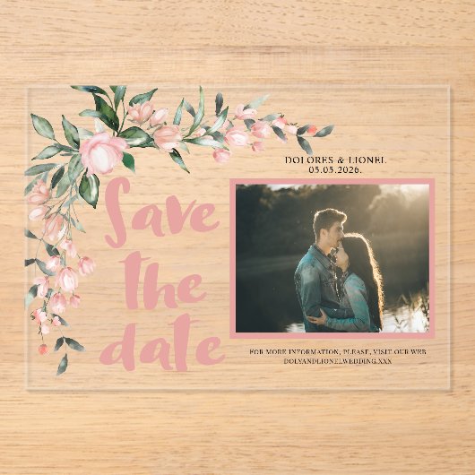 Romantisches Blush PInk Floral Foto Save the Date Acryleinladungen (Vorderseite)