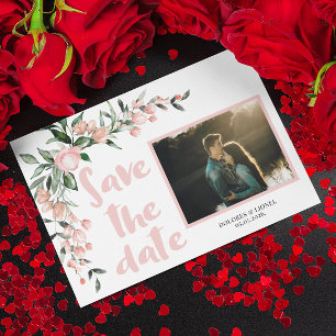 Romantisches Blush PInk Floral Foto Save the Date Einladung