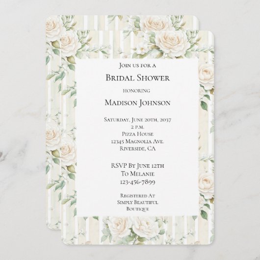 Romantisches Blush White Roses Brautparty Einladung (Vorne/Hinten)