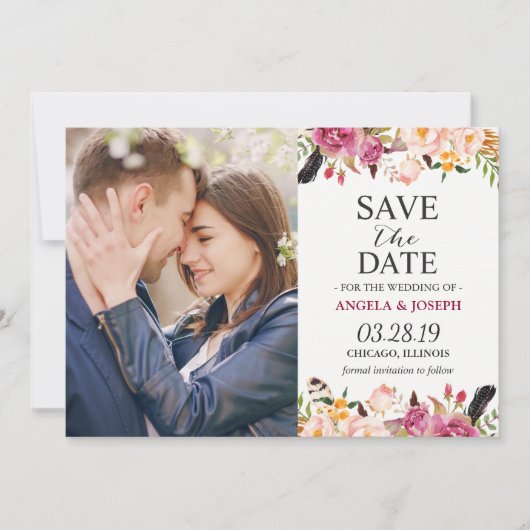 Romantisches Boho Floral Feather Foto Save the Dat Date (Vorderseite)
