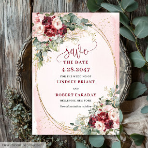 Romantisches Boho Tiefrotes Erröten Gold Floral Sa Einladung