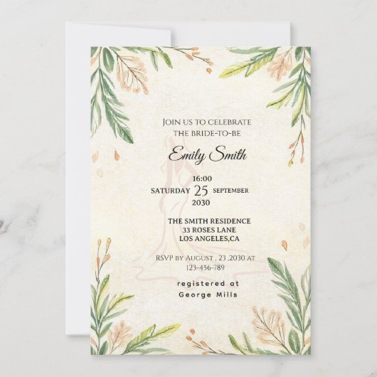 Romantisches botanisches Brautparty Einladung (Vorderseite)