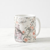 Romantisches braunhaariges Mädchen mit Pfirsichros Kaffeetasse (VorderseiteRechts)