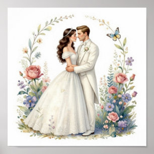 Romantisches Brautpaar Blumen Elegantes Hochzeitsp Poster