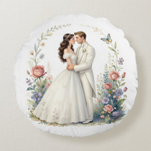 Romantisches Brautpaar Blumen Elegantes Hochzeitsp Rundes Kissen
