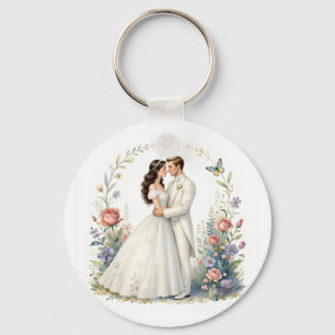 Romantisches Brautpaar Blumen Elegantes Hochzeitsp Schlüsselanhänger
