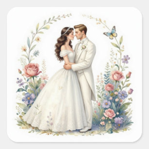 Romantisches Brautpaar Florales Elegantes Hochzeit Quadratischer Aufkleber