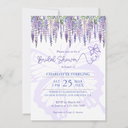 Romantisches Brautparty Butterfly & Wisteria Garde Einladung (Vorderseite)