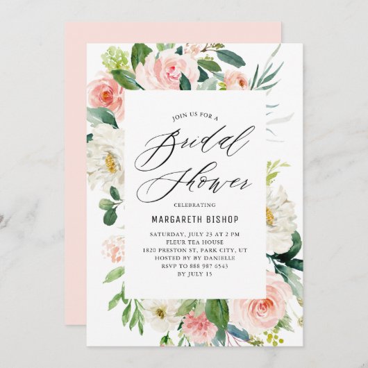 Romantisches Brautparty Wasserfarbe Peach Florals Einladung (Vorne/Hinten)