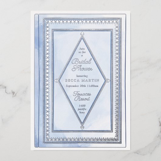 Romantisches Buch Blau Brautparty Silber Folieneinladung (Vorderseite)