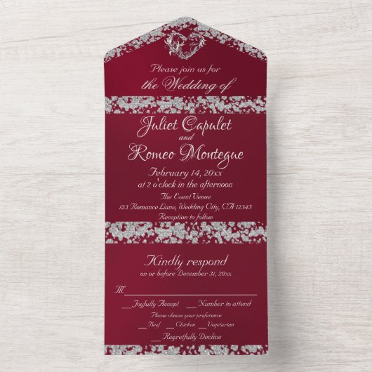 Romantisches Burgund, Glitzer Border & Heart All In One Einladung (Innen Boden)