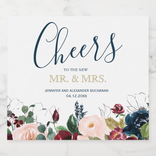 Romantisches Burgund, Rosa, Blau und Schwarz Schaumweinetikett (Einzelnes Label)