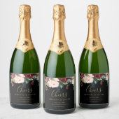 Romantisches Burgund, Rosa, Blau und Schwarz Schaumweinetikett (Flaschen)