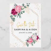 Romantisches Burgund Rosa Blütenbraun Save the Dat Folieneinladung (Vorderseite)