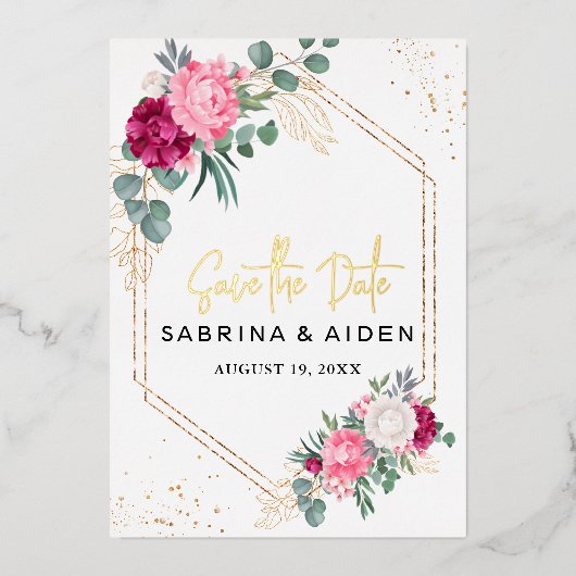 Romantisches Burgund Rosa Blütenbraun Save the Dat Folieneinladung (Vorderseite)