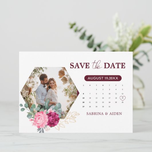 Romantisches Burgund Rosa Blütenbraun Save the Dat Save The Date (Stehend Vorderseite)