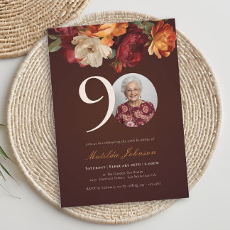 Romantisches Burgunder-Blumen-Foto 90. Geburtstag Einladung