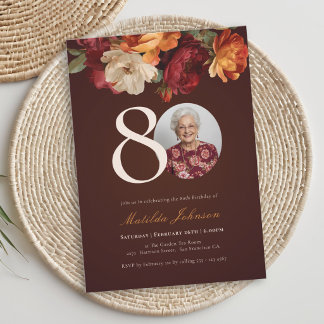 Romantisches Burgunder-Blumen-Foto zum 80. Geburts Einladung