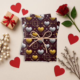 Romantisches Burgunder-Folien-Herz Valentinstag Geschenkpapier Set