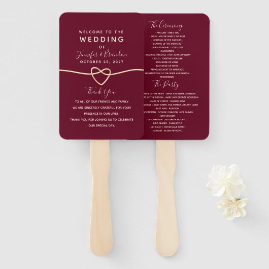Romantisches Burgunder Hochzeitsprogramm Handfäche Fächer (Vorne und Hinten)