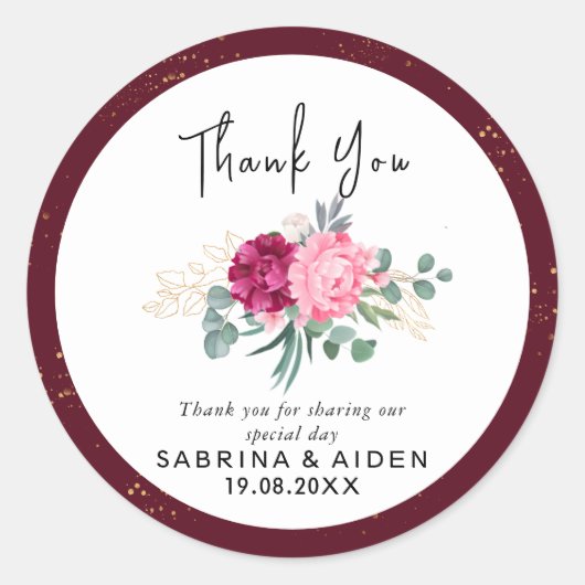 Romantisches Burgundy Red | Rosa Gold Floral Runder Aufkleber (Vorderseite)