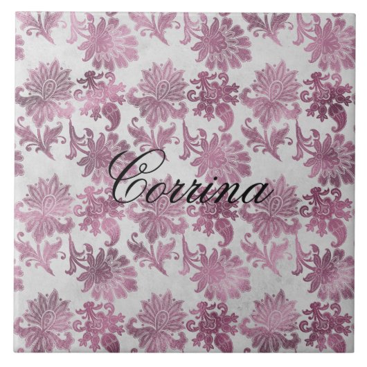 Romantisches Burgundy Rot Silver Floral Fliese (Vorderseite)