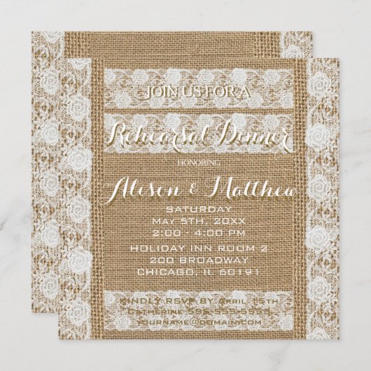 Romantisches Burlap & Lace Probe Dinner Einladung (Vorne/Hinten)