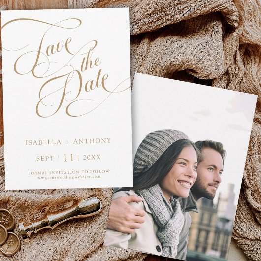 Romantisches Calligrafy Gold Wedding Foto Save The Date
