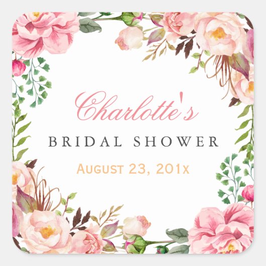 Romantisches Chic Floral Wreath Wedding Brautparty Quadratischer Aufkleber (Vorderseite)