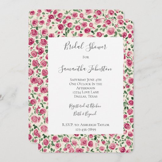 Romantisches Chic Pink Roses Brautparty Einladung (Vorne/Hinten)