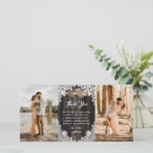 Romantisches Country Wood Floral Lace Wedding Foto Dankeskarte (Stehend Vorderseite)