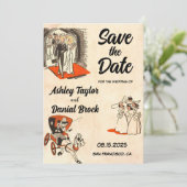 Romantisches Couple Comic Save the Date buchen Einladung (Stehend Vorderseite)