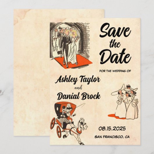 Romantisches Couple Comic Save the Date buchen Einladung (Vorne/Hinten)
