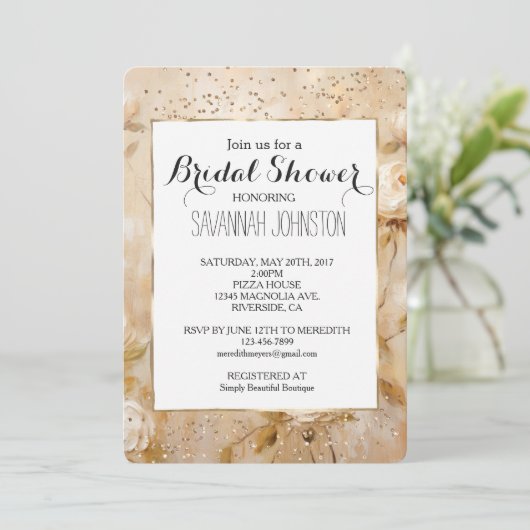 Romantisches Cream White Roses Confetti Brautparty Einladung (Stehend Vorderseite)