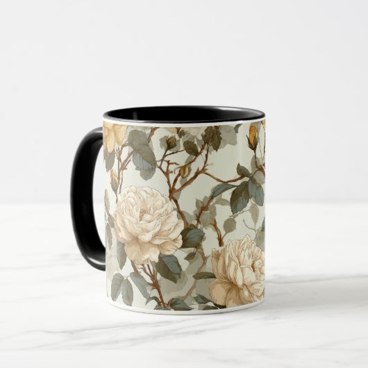 Romantisches cremefarbenes Rosen-Beige-Blumenmuste Tasse (Vorderseite Links)