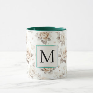 Romantisches cremefarbenes Rosenblumen-Monogramm Tasse