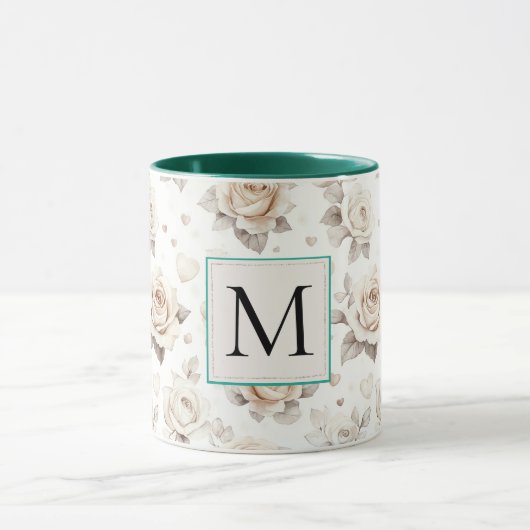 Romantisches cremefarbenes Rosenblumen-Monogramm Tasse (Zentrum)